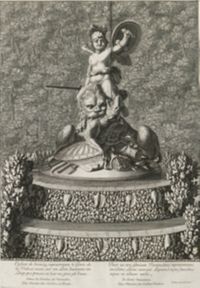 Enfant de bronze, représentant le génie de la valeur, assis sur un lion dévorant un loup, qui pousse en l'air un gros jet d'eau