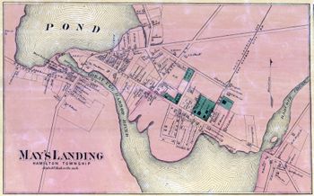 1872: "May's Landing." Lithograph map (inset taken from the county map), with added color. Scale: 30 rods to 1 inch.