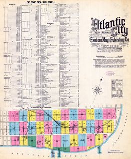 1886: City Fire Insurance Maps. Sanborn Map Company. "Atlantic City New Jersey Dec. 1886&qout; (New York: Sanborn Map & Publishing Co., Limited, 1886) [Historic Maps Collection]. Lithograph map, on sheet 63.4 × 53.4 cm. Combination title, index, and overview sheet.