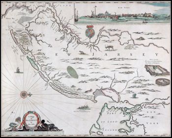 1675: John Seller (active 1658–1698). "A Mapp of New Jarsey" ([London: J. Seller, 1675]). Copperplate map, with added color, 42.5 × 54 cm. Separately published. Reference: Burden, The Mapping of North America II, 463. [Used by permission of Barry Lawrence Ruderman.]