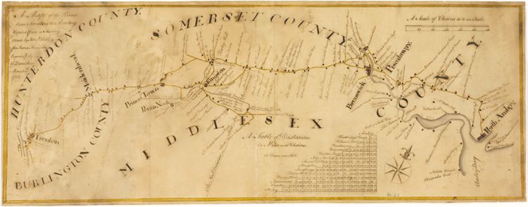 1762: John Dalley. "A Map of the Road from Trenton to Amboy Copied (from a Survey Made by John Dalley for James Alexander Esquire) by G. Bancker" [Manuscripts Division]. Manuscript map, pen-and-ink on paper, with some wash color, 35 × 94 cm. Scale: 1 mile = 80 chains = 1 inch.