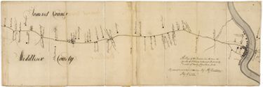 1766: Azariah Dunham (1718–1790). "A Map of the Division Line between the Counties of Middlesex & Somerset Protracted by a Scale of Twenty Chains to an Inch ... by Azariah Dunham" [Manuscripts Division]. Manuscript map, pen-and-ink on paper, with some wash color, 30.5 × 183.4 cm. Scale: 20 chains to 1 inch. [Mark: in 2 pieces]