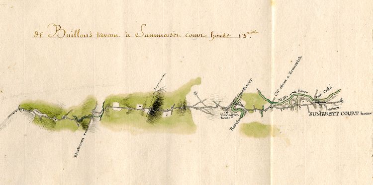 1781: Louis-Alexandre Berthier (1753–1815). "de Buillon's tavern à Summerset court house" [Manuscripts Division]. Manuscript map, with added color, sheet 22.5 × 29 cm. 