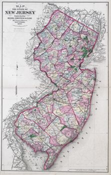 "Map of the State of New Jersey." Lithograph map, with added color, 55.8 × 34.7 cm. Scale: 8 miles to 1 inch.