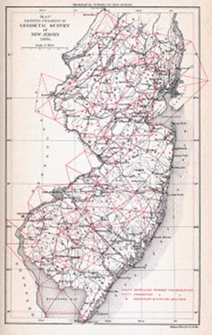 "Map Showing Progress of the Geodetic Survey of New Jersey 1886." From Annual Report of the State Geologist, for the Year 1886 (Trenton, N.J.: John L. Murphy Publishing Co., 1886). Shows the developing grid of geodetic triangles covering the state.