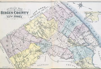 "Outline Map of Bergen County New Jersey." Lithograph map, with added color, 40.9 × 66.3 cm. Scale: none given.