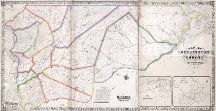 J. W. Otley and R. Whiteford. "Map of Burlington County Mostly from Original Surveys" (Philadelphia: Smith & Wistar, 1849) [Library of Congress]. Wall map, with ornamental border and added outline color, 83 × 163 cm. Scale: approx. 0.8 mile to 1 inch.
