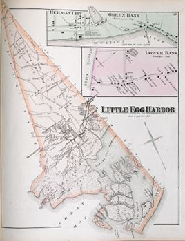 "Little Egg Harbor [Township]." Lithograph map, with added color, 38 × 30.5 cm. Scale: 1 mile to 1 inch. The sheet also contains town plans of Herman City and Green Bank (Washington Township) and Lower Bank (Randolph Township).