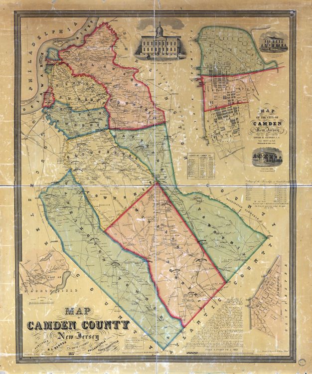 Frederick Carles Merry (1812–1900). &qout;Map of Camden County New Jersey" (Philadelphia: R. L. Barnes; Camden: Lloyd Van Derveer, 1857) [Library of Congress]. Wall map, with added color, 115 X 91 Cm115 X 91 Cm115 × 91 cm. Scale: 1 mile to 1.5 inches.  (No county atlas was published.)