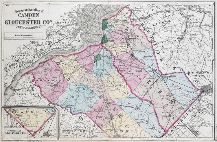 1872: County Map. F. W. Beers. "Topographical Map of Camden and Gloucester Cos., New Jersey." From Beers's State Atlas of New Jersey: Based on State Geological Survey and from Additional Surveys by and under the Direction of F. W. Beers (New York: Beers, Comstock & Cline, 1872) [Historic Maps Collection]. Lithograph map, with added color, 34.7 × 54.5 cm. Scale: 2 miles to 1 inch.