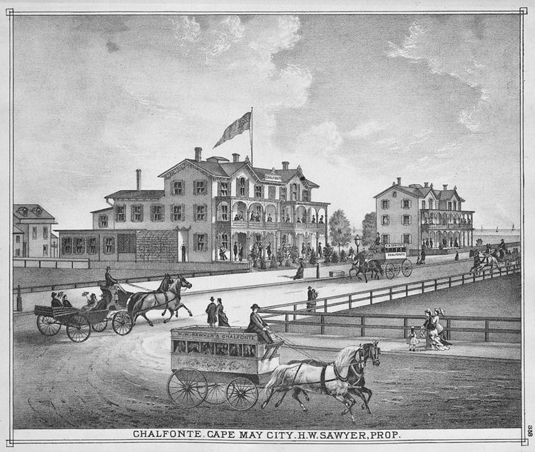 Chalfonte. Cape May City (1878). Two years prior to this 1878 image, the site was a salt marsh. The energetic proprietor, Henry Washington Sawyer, had previously operated the Ocean House. Sawyer was an officer in the 1st Regiment, Cavalry, New Jersey Volunteers, and his Civil War record reads like a dramatic novel. In Woodstock, Virginia, his horse was shot out from under him and landed on his right leg, resulting in a permanent, painful limp. On a reconnaissance mission, he was shot in the stomach. He received two serious wounds in his thigh and cheek at the Battle of Brandy Station, before his horse was killed, throwing him out of the saddle and knocking him senseless. Captured by Confederates, he ended up in Richmond's infamous Libby Prison. Sawyer's name was one of two drawn from a pool of seventy-five captains in a lottery to determine who would be executed in retaliation for previous Union executions of two Confederate officers. His wife's personal plea with President Abraham Lincoln ultimately won him a stay of execution and then an exchange for two Confederate prisoners, including the son of Robert E. Lee. Sawyer returned to his command and served out the rest of the war with distinction. He retired to his home in Cape May, where he began a successful career in hostelry. He also served as superintendent of the U.S. Life-Saving Service for the New Jersey coast. Sawyer died in Cape May in 1893 and is buried in the Cold Spring Presbyterian Cemetery there.