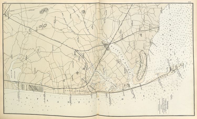 "Coast Section, no. 1," from Sandy Hook to Ocean Beach. Lithograph map, with added color, 53.8 × 30.6 cm. Includes Life-Saving Stations Nos. 1–7: Sandy Hook, Spermlets Cove, Seabright, Monmouth Beach, Long Beach, Deal, Shark River.