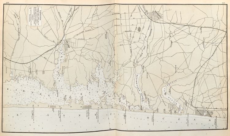 "Coast Section, no. 2," from Spring Lake to Island Beach. Lithograph map, with added color, 52.3 × 29.4 cm. Includes Life-Saving Stations Nos. 8–14: Wreck Pond, Squan, Point Pleasant, Swan Point, Green Island, Toms River, Island Beach.