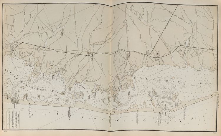 "Coast Section, no. 3," from Island Beach to Beach Haven. Lithograph map, with added color, 52.7 × 30.3 cm. Includes Life-Saving Stations Nos. 15–21: Forked River, South End Squan Beach, Barnegat, Love Ladies Island, Harvey Cedars, Ship Bottom, Long Beach.