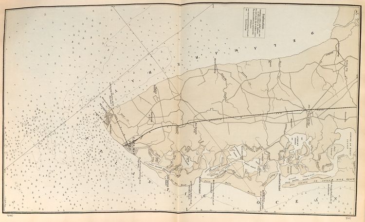 "Coast Section, no. 6," from Hereford Inlet to Cape May. Lithograph map, with added color, 52.3 × 30 cm. Includes Life-Saving Stations Nos. 35–40: Stone Harbor, Hereford Inlet, Turtle Gut, Two Mile Beach, Cape May, Bay Shore. (The table on p. 57 identifies two Cape May stations as Nos. 39 and 40, and Bay Shore as No. 41. However, only one Cape May station, No. 39, is shown on the map, and No. 40 is Bay Shore.)