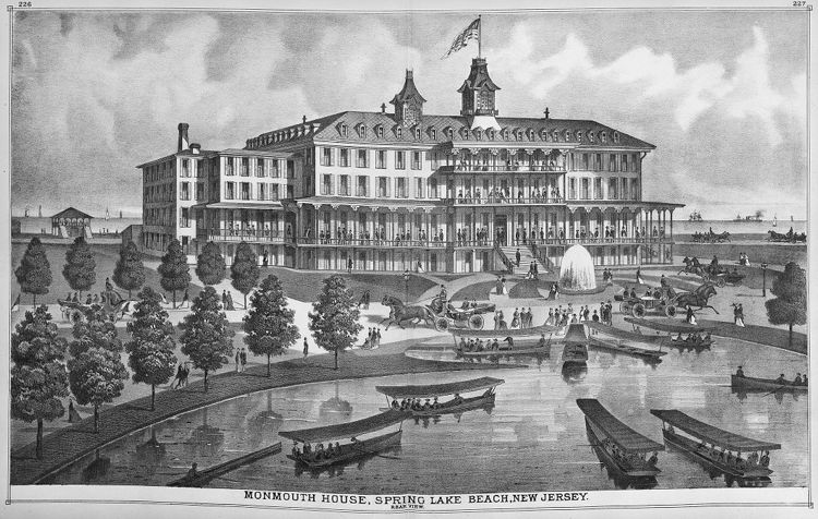 1878: Monmouth House. Spring Lake was a farming and fishing community until railroad men and affluent Philadelphians formed the Spring Lake Beach Improvement Company in March 1875. Their development plan, drawn up by Philadelphia engineer Frederick Anspach, included a grid of streets and lots, with a large hotel at the end of the lake facing the ocean as its focal point. A palatial structure with 250 rooms and broad piazzas, and "electric calls" in every room, the hotel was completed in 1876 but succumbed to fire on September 19, 1900.