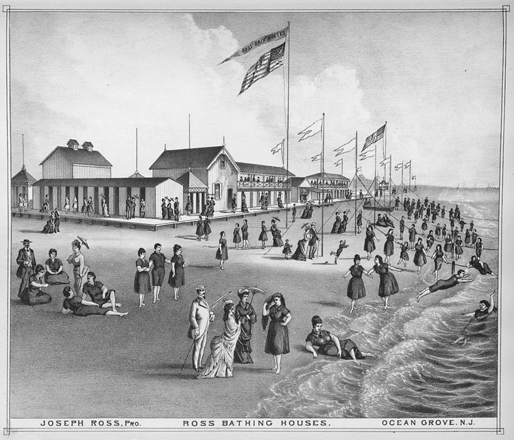 "Ross Bathing Houses" (1878). Flags were flown during hours suitable for "bathing," but were removed during Ocean Grove's camp meeting services. No bathing was permitted on Sundays. Note the lifelines that provided novice or timid swimmers a sense of security as they ventured out into the waves. Ross's two-story pavilion had a seating capacity for about eighteen hundred people.