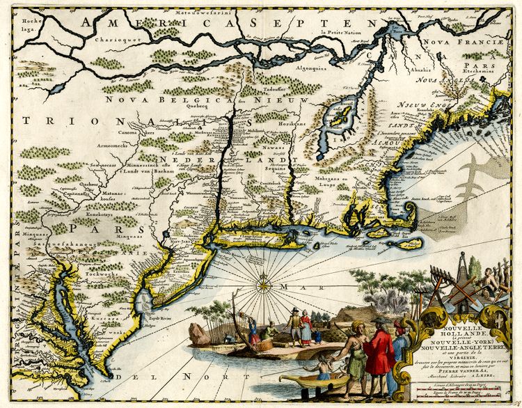 "Nouvelle Hollande (à présent Nouvelle-York), Nouvelle-Angleterre, et une partie de la Virginie" (Leiden, 1729?) [Historic Maps Collection]. A reduced, much later version of the influential "Novi Belgii" map, situating "Niev-Jarsey" in New Netherland. This one is by Dutch mapmaker Pieter van der Aa (1659-1733). Copperplate map, with added color, 28.4 × 36.1 cm. The map perpetuates the imaginary juncture of the Delaware River with an unnamed tributary at latitude 41º40, which was the territory's northwestern boundary in the Duke of York's 1664 deed of gift to his two friends Berkeley and Carteret.