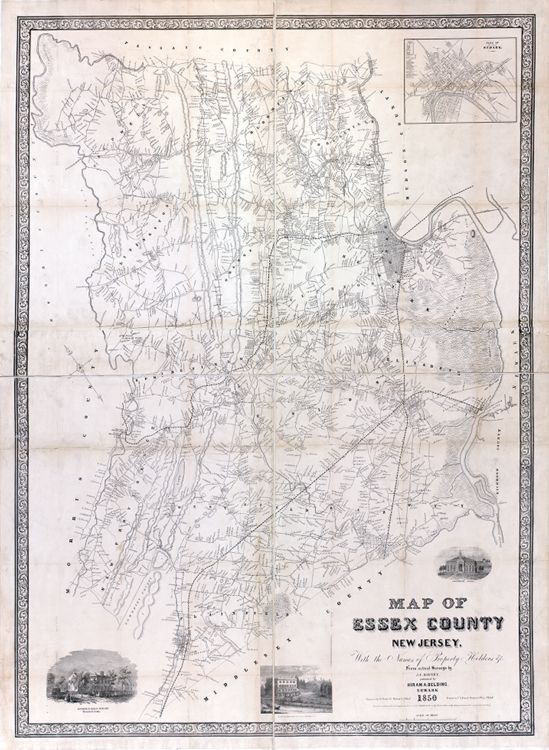 J. C. Sidney. "Map of Essex County, New Jersey, with the Names of Property Owners &c. from Actual Surveys" (Newark: Hiram A. Belding, 1850) [Library of Congress]. Wall map, with ornamental border, 123 × 87 cm. Scale: 0.5 mile to 1 inch. (includes the future territory of Union County, founded in 1857)