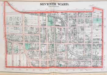 "Seventh Ward." Lithograph map, with added color, 39.8 × 70.8 cm. Scale: 150 feet to 1 inch.