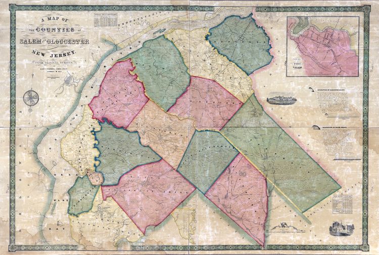 Alexander C. Stansbie, James Keily, and Samuel M. Rea. "A Map of the Counties of Salem and Gloucester New Jersey. From Original Surveys" (Philadelphia: Smith & Wistar, 1849) [Library of Congress]. Wall map, with ornamental border and added color, 94 × 133 cm. Scale: approx. 0.8 mile to 1 inch.