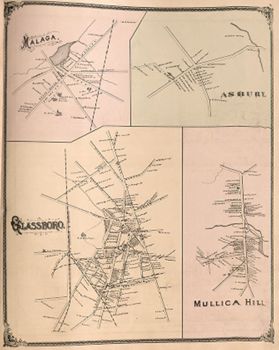 Sheet with four town maps: "Malaga" (Franklin Township), "Asbury" (Woolwich Township), "Glassboro" (Clayton Township), and "Mullica Hill" (Harrison Township) Lithograph maps, with added color, sheet 39.9 × 31 cm.
