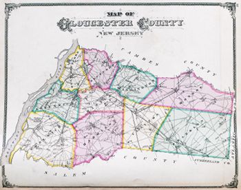 "Map of Gloucester County." Lithograph map, with added color, 31 × 39.9 cm.