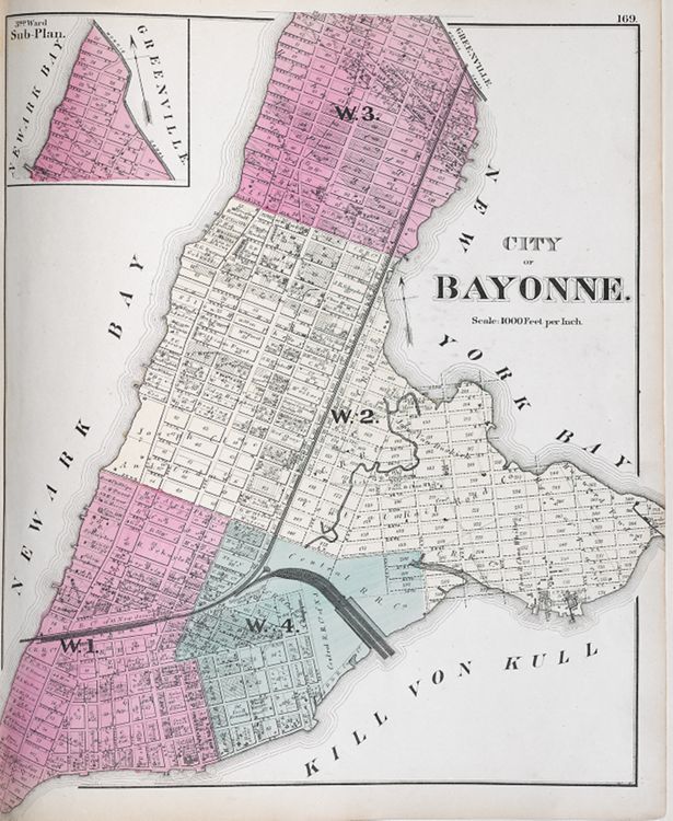 "City of Bayonne." Lithograph map, with added color, 39.7 × 32.6 cm. Scale: 1000 feet to 1 inch.
