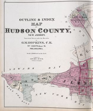 "Outline & Index Map of Hudson County, New Jersey." Lithograph map, with added color, 40 × 65.4 cm. Scale: 2,500 feet to 1 inch.