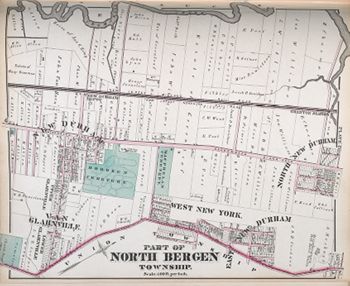 "Part of North Bergen Township." Lithograph map, with added color, 32.8 × 40.6 cm. Scale: 400 feet to 1 inch.