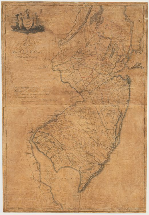 1812: William Watson. "A Map of the State of New Jersey. To His Excellency, Joseph Bloomfield, Governor, the Council and Assembly of the State of New Jersey: This Map Is Respectfully Inscribed" (Philadelphia: W. Harrison, September 25, 1812) [Historic Maps Collection]. Wall map, with added color, 99 × 67.7 cm. Scale: 4 miles to 1 inch. One of three known institutional copies.