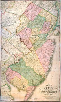 1833: Thomas Gordon (1778–1848). "A Map of the State of New Jersey with Part of the Adjoining States: Compiled under the Patronage of the Legislature of Said State" (Trenton, N.J.; Philadelphia, Pa.: Published by author, 1833) [Historic Maps Collection]. "Second edition, improved to 1833." Wall map, with added color, 160 × 83 cm. Scale: 3 miles to 1 inch.