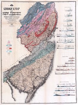 1868: "Geological Map of New Jersey." Large lithograph map, with added color, 88 × 64 cm. Scale: 5 miles to 1 inch. All roads in the state are shown.
