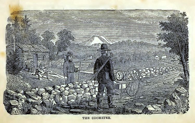 Illustration of a nineteenth-century American surveyor using a waywiser.<sup>3</sup>
