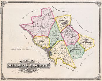 "Map of Mercer County New Jersey." Lithograph map, with added color, 30.8 × 39.2 cm. Compiled and drawn by Oliver F. Waegon. Scale: 1 mile to 0.5 inch.