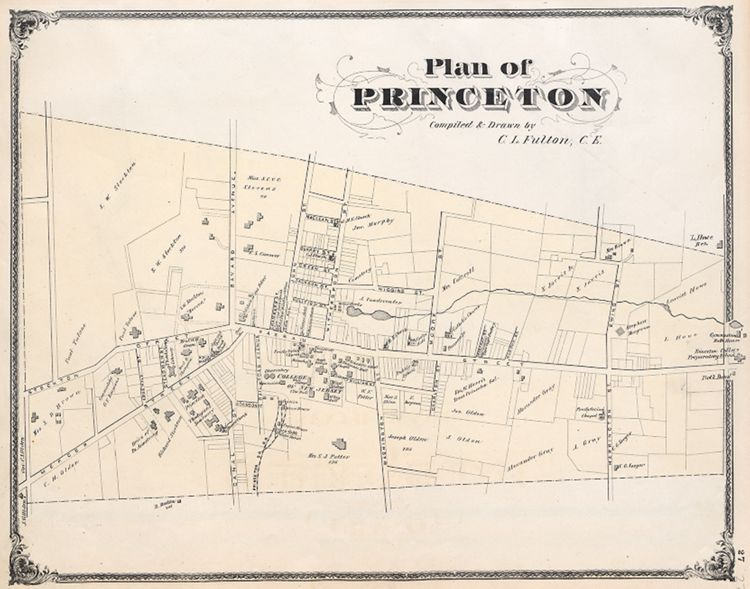 "Plan of Princeton." Lithograph map, with added color, 30.9 × 39.7 cm. Compiled and drawn by C. L. Fulton. Scale: 1 mile to 2 inches.