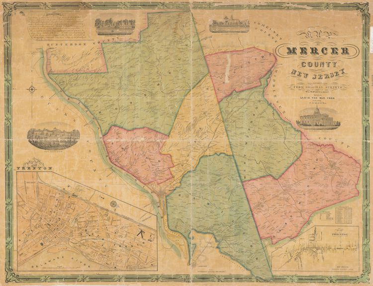 J. W. Otley and J. Keily. "Map of Mercer County, New Jersey Entirely from Original Surveys" (Camden, N.J.: L. van der Veer, 1849) [Historic Maps Collection]. Wall map, with ornamental border and added color, 78 × 99 cm. Scale: 1 mile to 1.5 inches.