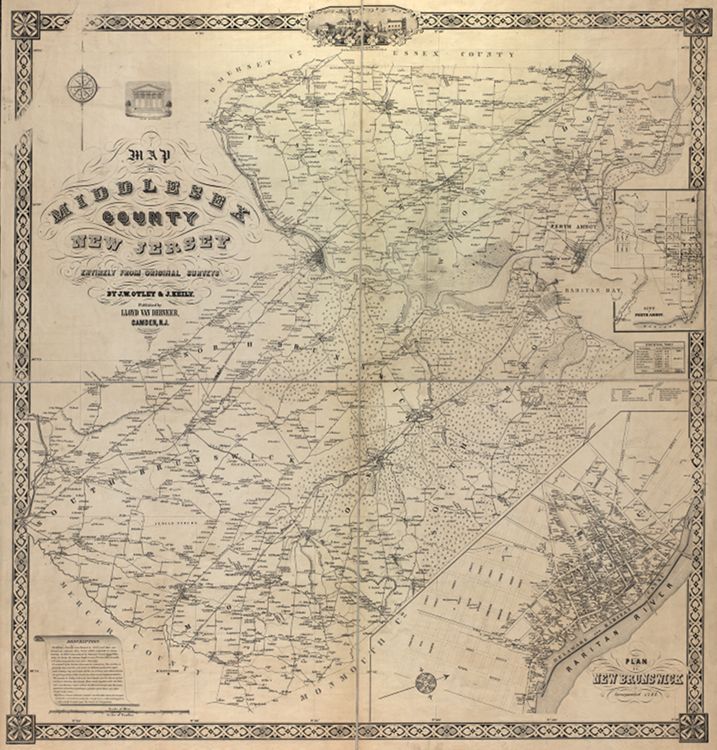 J. W. Otley. "Map of Middlesex County, New Jersey Entirely from Original Surveys" (Camden, N.J.: L. Van Derveer, 1850) [Library of Congress]. Wall map, with ornamental border, 95 × 95 cm. Scale: 1 mile to 1.5 inches.