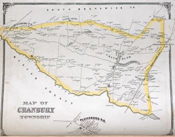 "Map of Cranbury Township." Lithograph map, with added color, 39.7 × 31 cm. Scale: [1 mile to 2 inches].