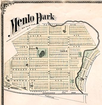 1876: "Menlo Park." Lithograph map, roughly 18 × 20 cm. Scale: 400 feet to 1 inch.