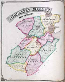"Middlesex County New Jersey." Lithograph map, with added color, 39.7 × 31 cm. Scale: 2 miles to 1 inch.