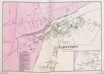 "Eatontown." Lithograph map, with added color, 35 × 51.2 cm. Scale: 20 rods to 1 inch.