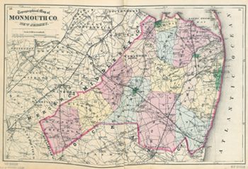 "Topographical Map of Monmouth Co. New Jersey." Lithograph map, with added color, 34.3 × 53.7 cm. Scale: 2 miles to 1 inch.