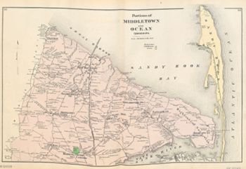 "Portions of Middletown and Ocean Townships." Lithograph map, with added color, 33.6 × 53.1 cm. Scale: 160 rods to 1 inch.