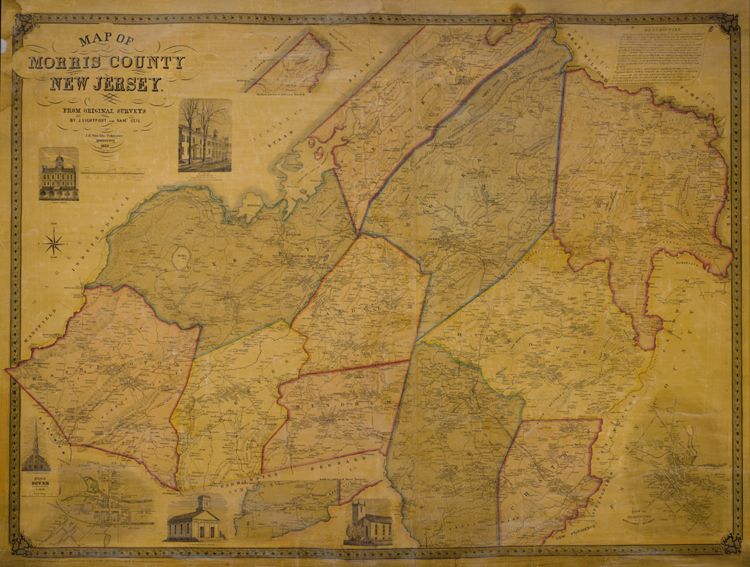 Jesse Lightfoot. "Map of Morris County, New Jersey, from Original Surveys" (Morristown, [N.J.]: J. B. Shields, 1853) [Historic Maps Collection]. Wall map, with ornamental border and added color, 127 × 92 cm. Scale: 1 mile to 1.5 inches.