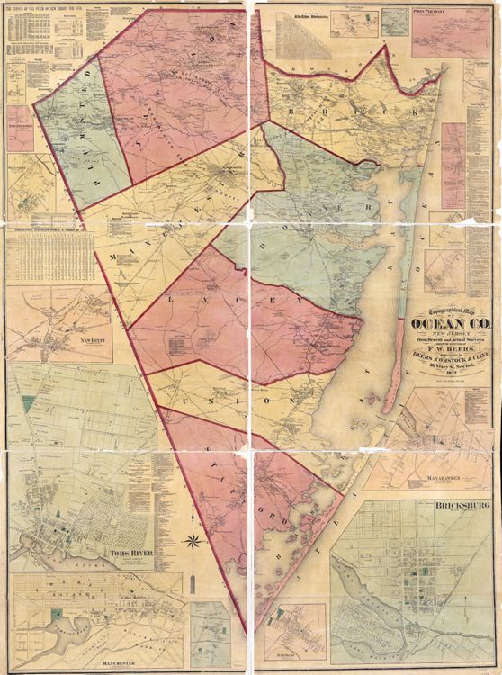 F. W. Beers. "Topographical Map of Ocean County New Jersey, from Recent and Actual Surveys" (New York: Beers, Comstock & Cline, 1872) [Library of Congress]. Wall map, with added color, 179 × 129 cm. Scale: 200 rods to 1 inch. (No county atlas was published; see the "New Jersey Coast" section for more coverage of the county's shore communities.)