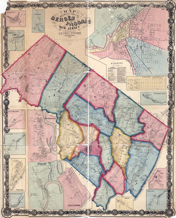 Griffith Morgan Hopkins, Jr. "Map of the Counties of Bergen and Passaic, New Jersey: From Actual Surveys" (Philadelphia: G. H. Corey, Publisher, 1861) [Library of Congress]. Wall map, with ornamental border and added color, 139 × 113 cm. Scale: 1 mile to 1.5 inches.