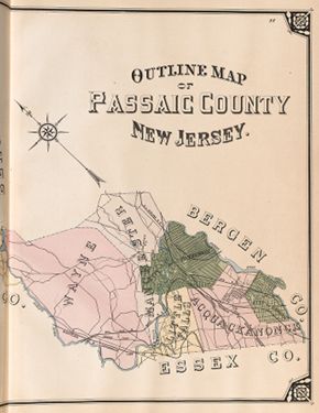 "Outline Map of Passaic County New Jersey." Lithograph map, with added color, 41.9 × 31.3 cm. Scale: none given.