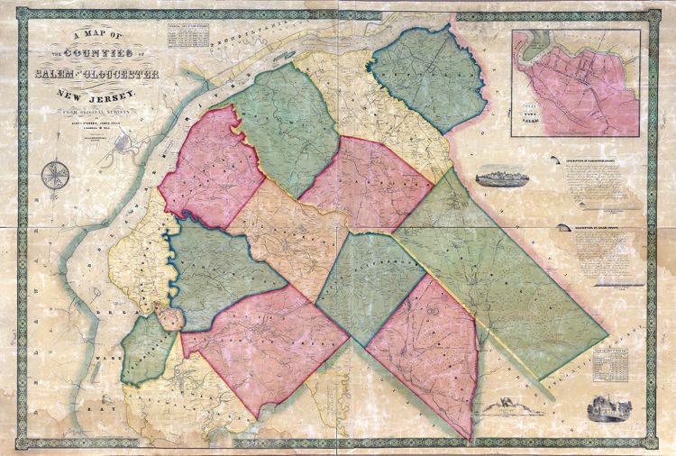 Alexander C. Stansbie, James Keily, and Samuel M. Rea. 'A Map of the Counties of Salem and Gloucester New Jersey. From Original Surveys' (Philadelphia: Smith & Wistar, 1849) [Library of Congress]. Wall map, with ornamental border and added color, 94 × 133 cm. Scale: approx. 0.8 mile to 1 inch.