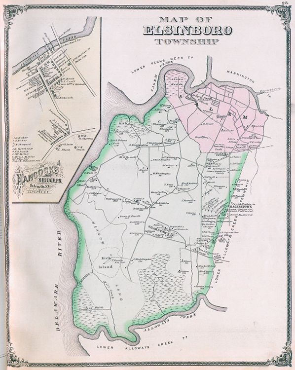 "Map of Elsinboro Township." Lithograph map, with added color, 39.9 × 31 cm. Includes inset of 'Hancock's Bridge P.O.'